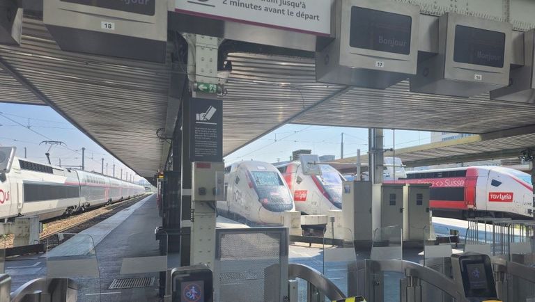 TGV trains operating InOui and Lyria services await departure