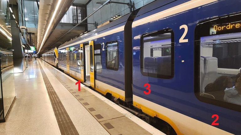 1 = note the door is level with the platform and there are no steps inside the door; 2 = these seats are level with the doors; 3 = these seats at the end of the coach are at an upper level above the wheels.