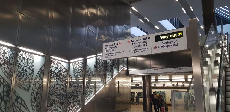 From the top of the escalator at Farringdon the Thameslink trains on to St Pancras are merely steps away