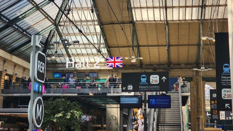 Follow the signs pointing the way to 'Départs Londres' at the Gare du Nord in Paris.