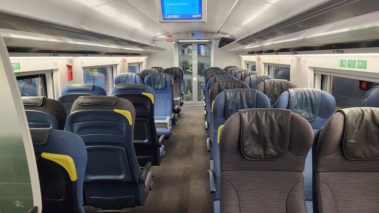 In a Standard Class seating saloon on a Eurostar train to London